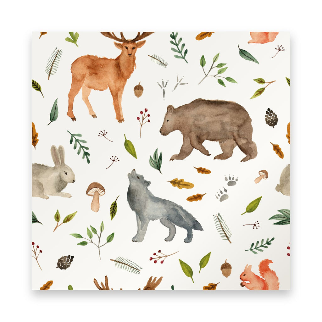 vzorek tapety pro děti s lesními zvířaty, medvědem, jelenem, vlkem a veverkou