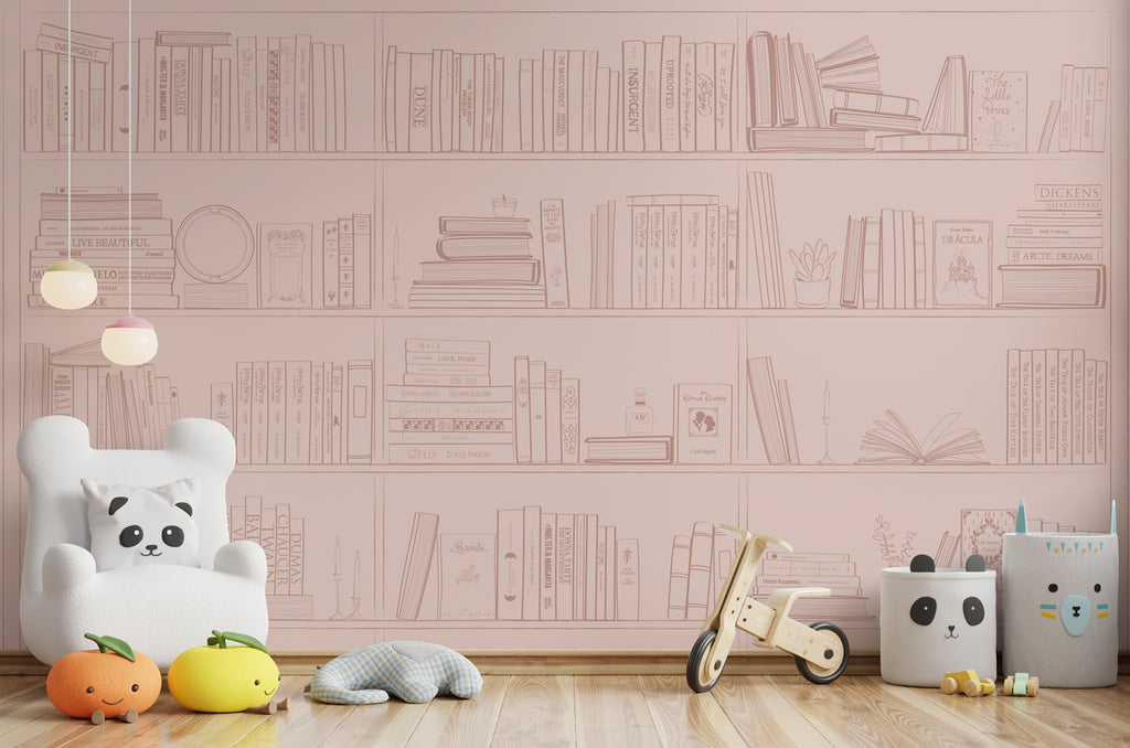moderní-interiér-detsky-vliesova-tapeta-knihy-police-knihovna-ilustrace-ružová