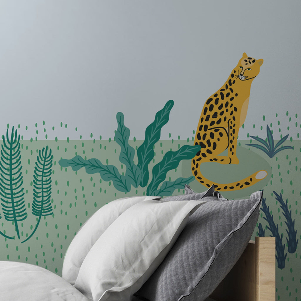 dětská tapeta ukázka interiéru leopard na zelené louce