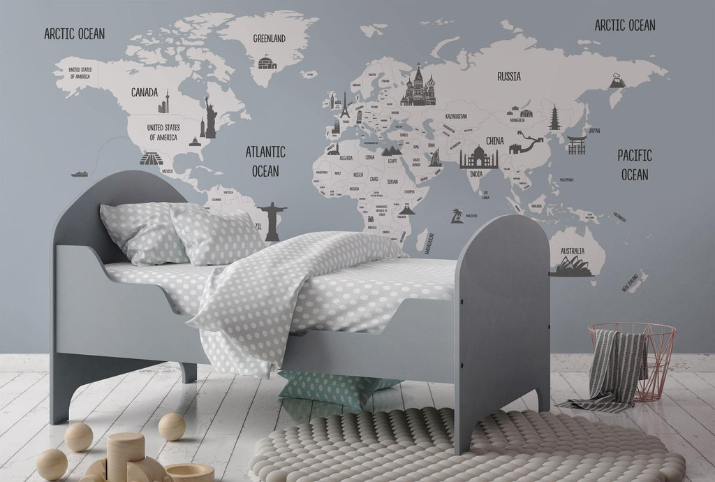 dětský pokoj s mapou světa tapeta na zeď modrá