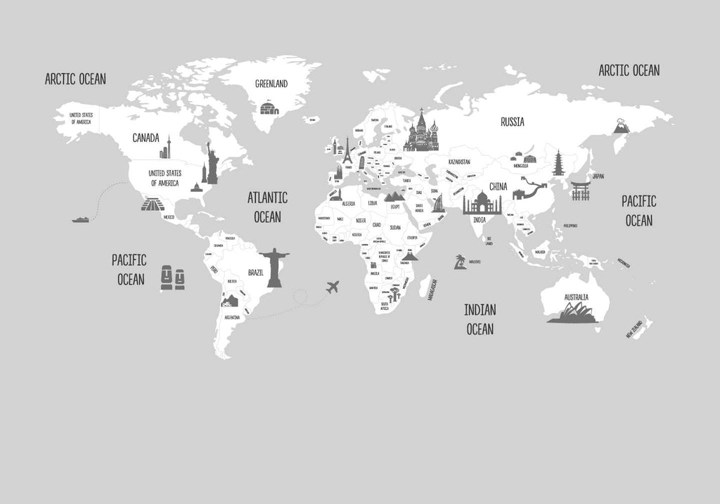 mapa světa tapeta na zeď bílo-šedá