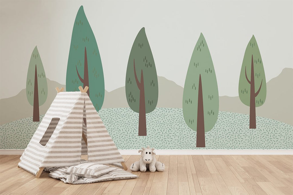 moderní dětský pokoj s dětským stánem, v béžových barvách, s obrazovou tapetou se stromy