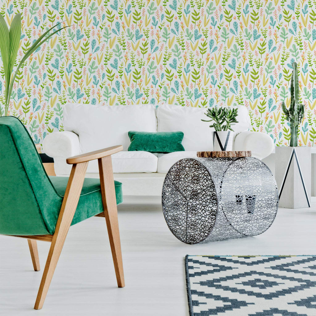 pokoj s zeleným křeslem a tapetami, inspirační foto